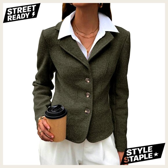 Jackets & Blazers - Cropped Tweed Blazer Slim Fit Work Casual Polyester Blend Lined